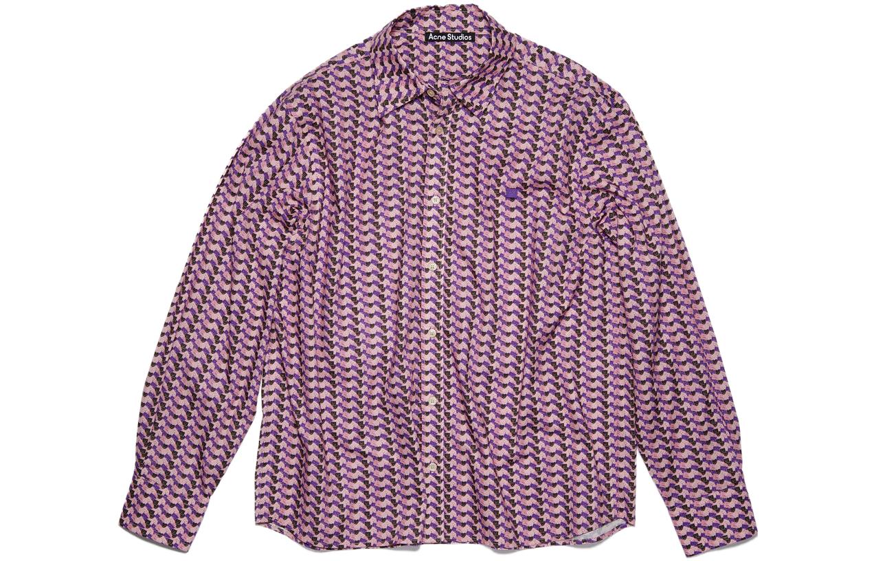 (Women) Acne Studios FW23  Long-Sleeve Cotton Shirt with Smiley Face Print - Purple/Pink CB0050BA4
