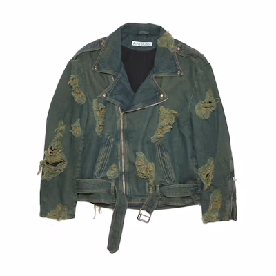 (Women) Acne Studios FW23 Distressed Denim Biker Jacket with Belt Women’s Blue Green. A90530-AFY