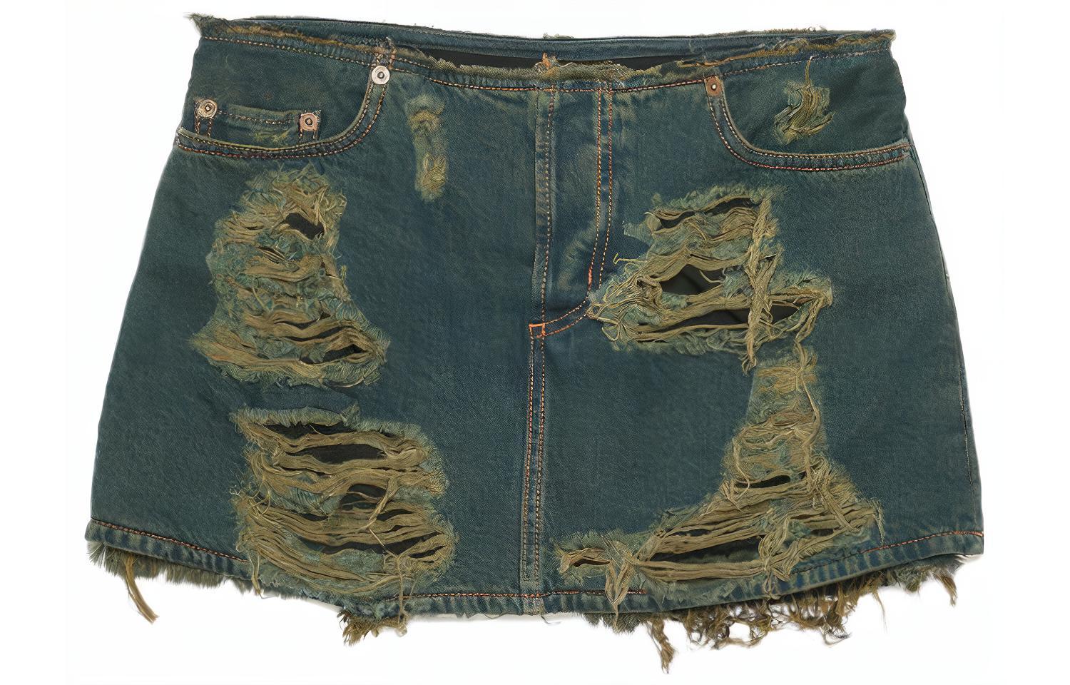 (Women) Acne Studios FW23 Distressed High-Waisted Denim Mini Skirt Women’s Blue Green. AF0403-AFY