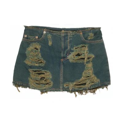 (Women) Acne Studios FW23 Distressed High-Waisted Denim Mini Skirt Women’s Blue Green. AF0403-AFY
