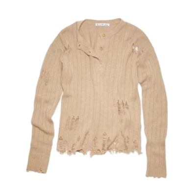 (Women) Acne Studios FW23 Distressed Knit Sweater Women’s Camel Brown. A60466-640