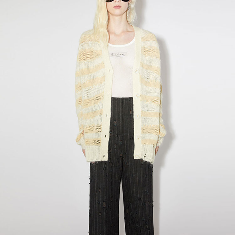 Shop (W) Acne Studios FW23 Baju Knit Jalur Lusuh Wanita - Beige. A60398-DGD