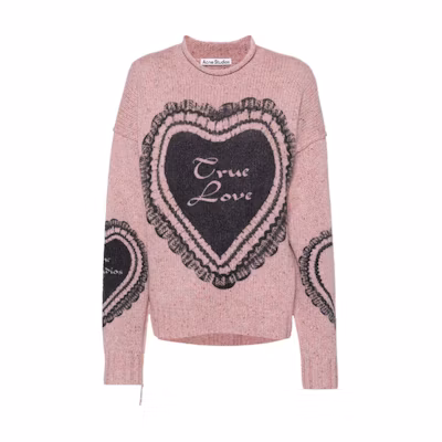 (Women) Acne Studios FW24 Heart Print Wool-Blend Sweater in Deep Pink. A60552-Dark Pink