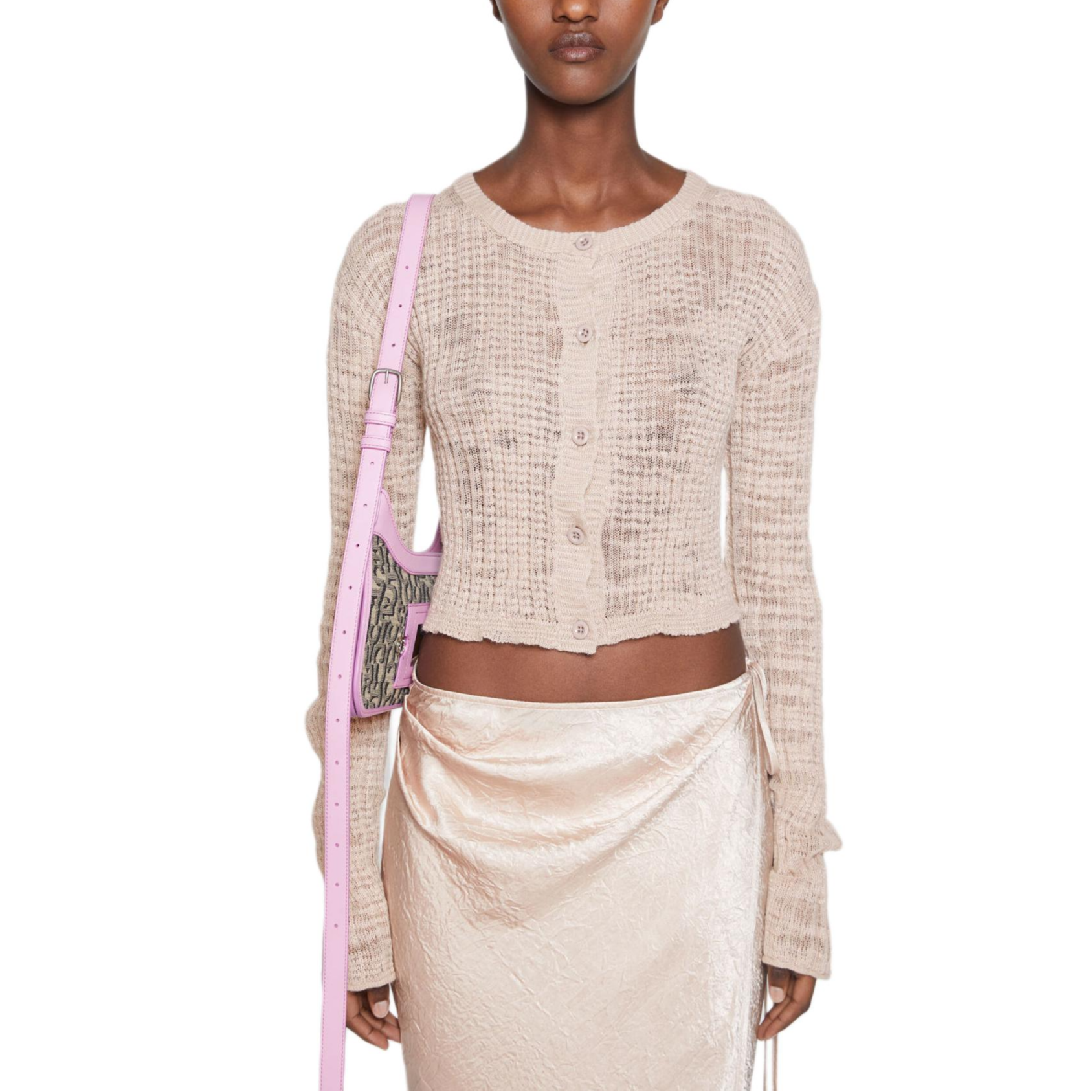 Lookbook (W) Acne Studios FW24 Kardigan & Crop Top Rajut Pink Sheer Ribbed. A60515-416
