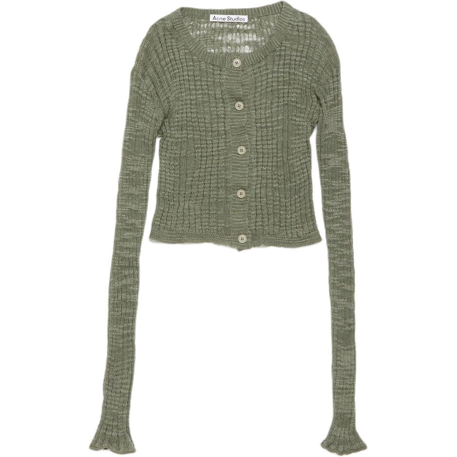 (Women) Acne Studios FW24  Sheer Ribbed Knit Cropped Cardigan in Seagrass Green. A60515-DPC