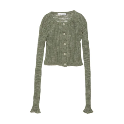 (Women) Acne Studios FW24 Sheer Ribbed Knit Cropped Cardigan in Seagrass Green. A60515-DPC