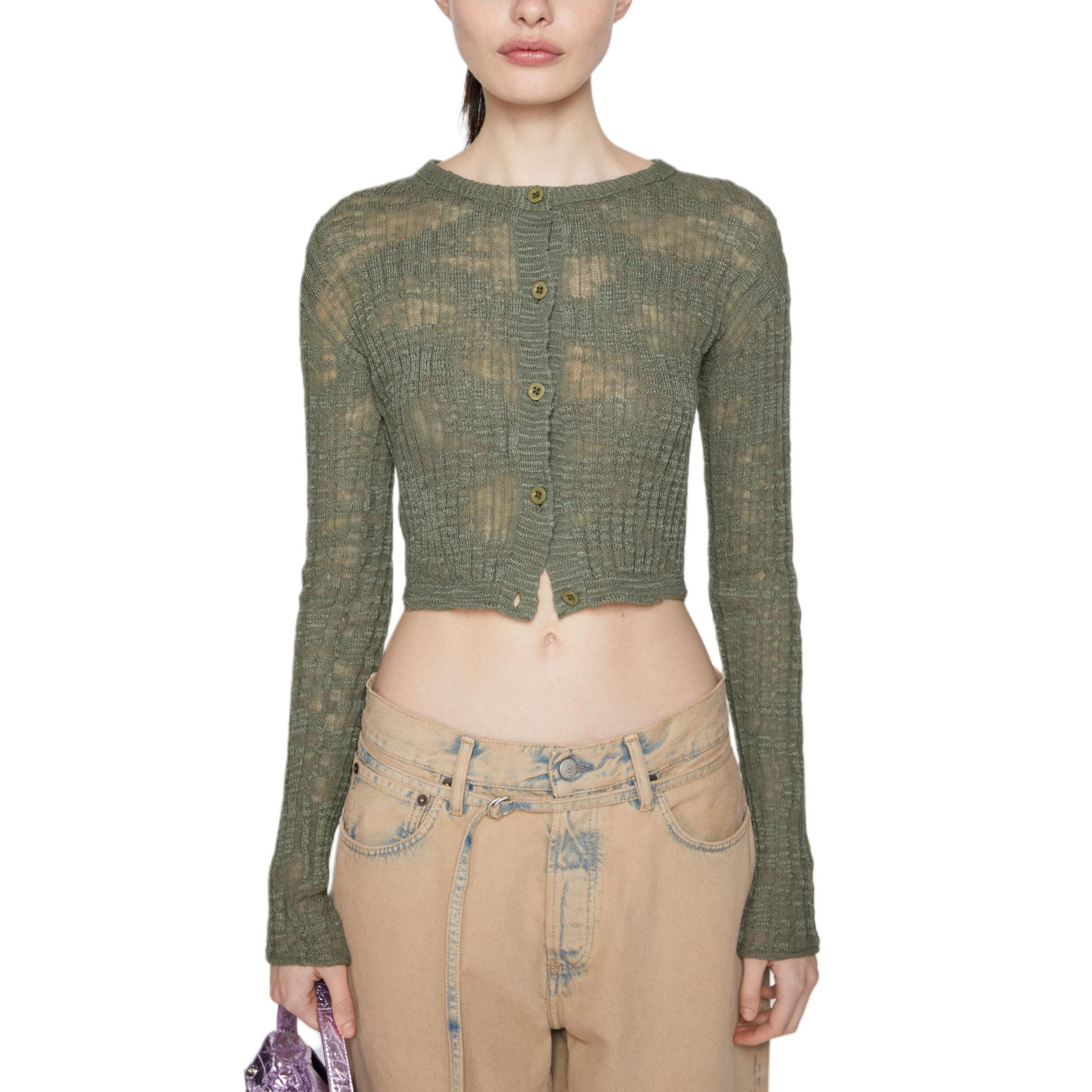 Lookbook (W) Acne Studios FW24 Kardigan Pendek Rajutan Rib Sheer Hijau Seagrass. A60515-DPC