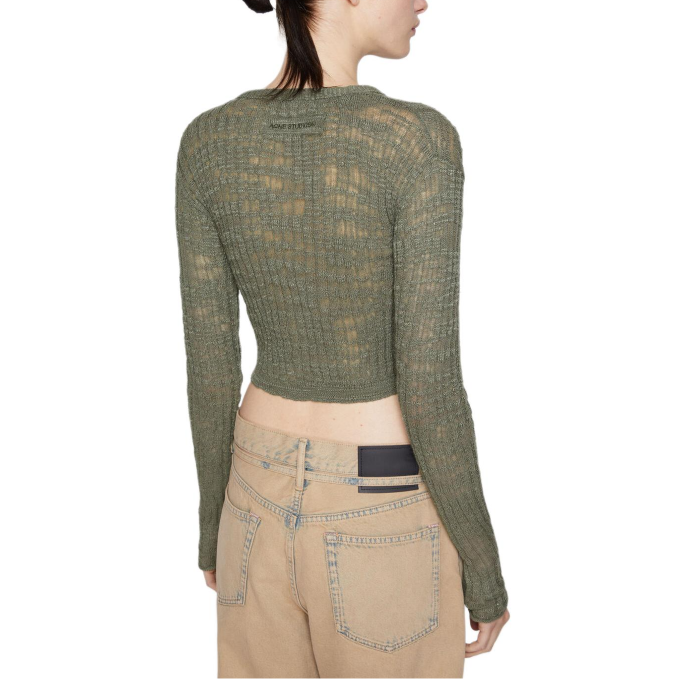 Shop (W) Acne Studios FW24 Kardigan Pendek Rajutan Rib Sheer Hijau Seagrass. A60515-DPC