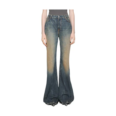 (Women) Acne Studios FW24 Washed High-Waist Flare Jeans Dark Blue Cotton Denim. A00497-838