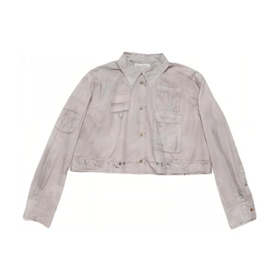 (Women) Acne Studios FW24 Distressed Letter Crop Long Sleeve Shirt Women Light Brown AC0688-ADV