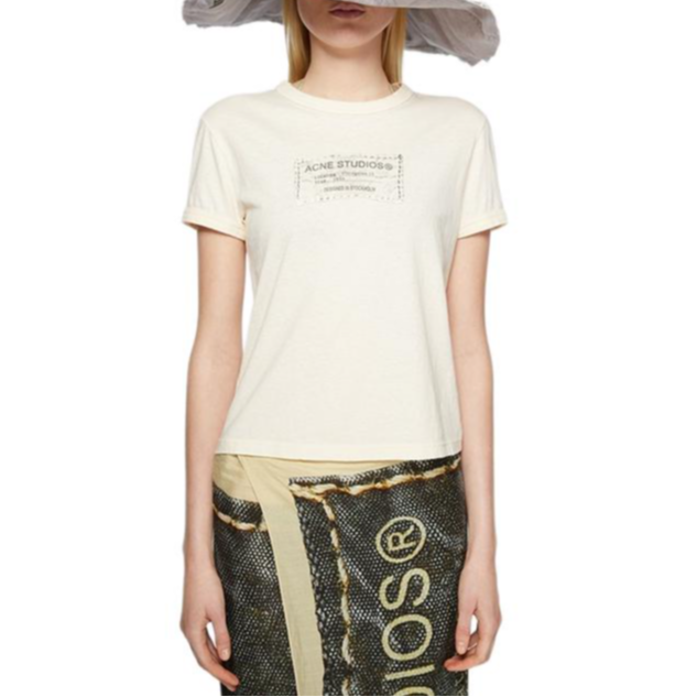 Lookbook (W) 아크네 스튜디오 FW24 소프트 로고 프린트 여성용 라이트 오렌지 크루넥 티셔츠. AL0417-CLI