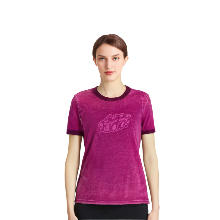 Details for (Women) Acne Studios Logo Embossed Velour Crewneck Short Sleeve T-Shirt Magenta Women SS24 AL0403-ACW
