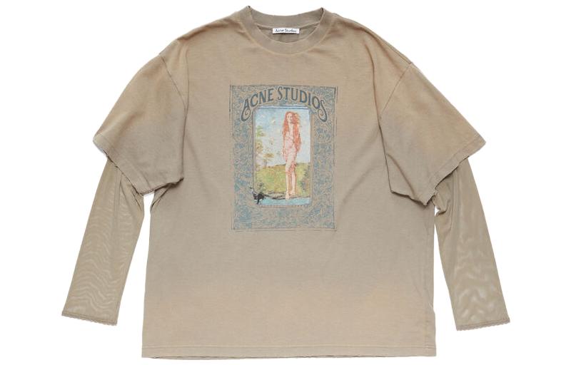 Order (W) Acne Studios Oversized Layered T-Shirt Wanita Print Crewneck Dropped Shoulder FW23 AL0379-DLD