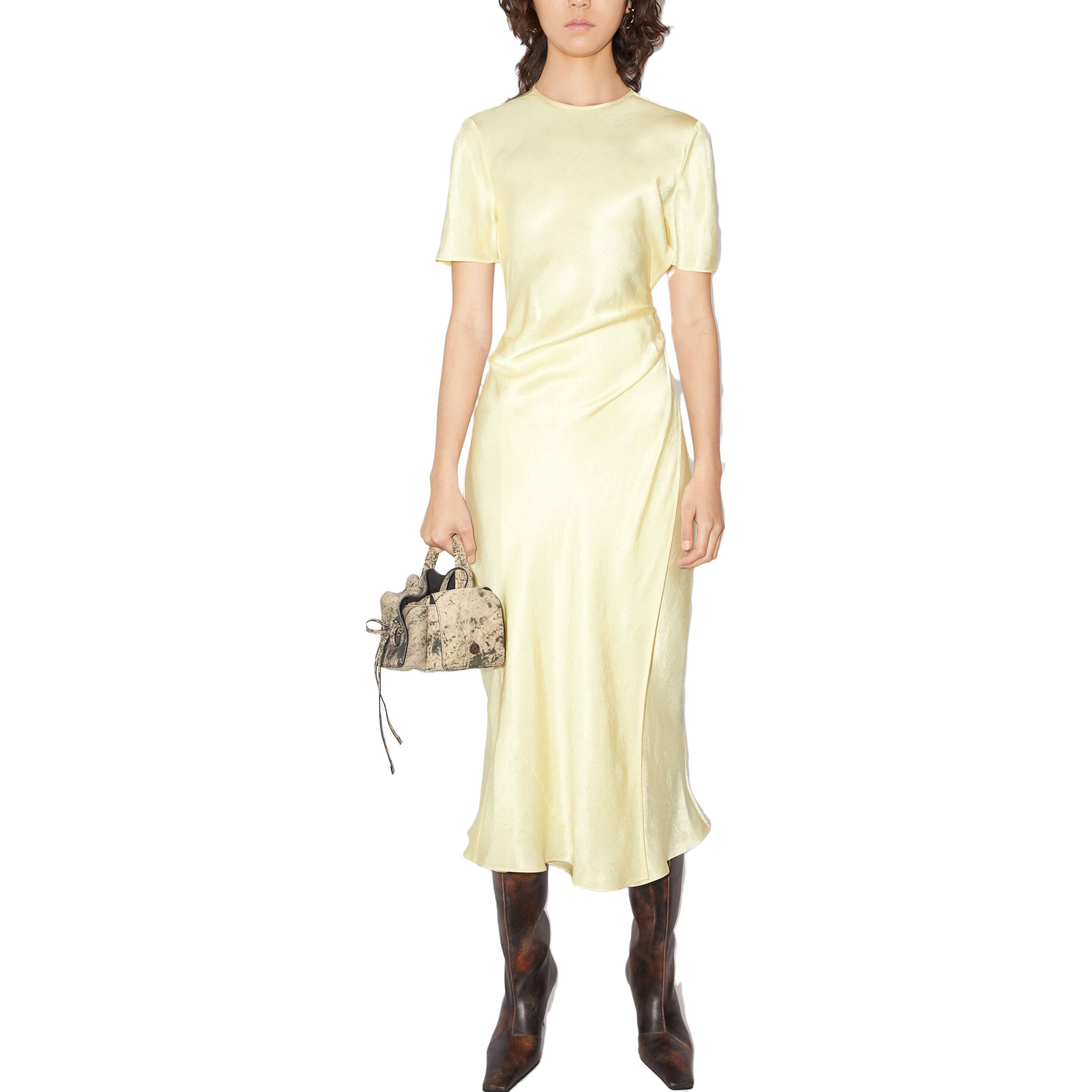 Lookbook (W) Acne Studios Slim Fit Plain Leher Bulat Kuning Baju Lengan Pendek. A20585-DFK