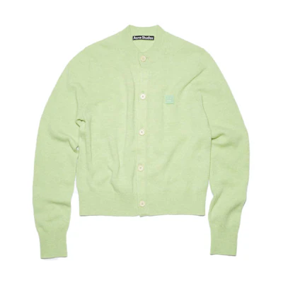 (Women) Acne Studios SS22 Green Wool Knit Cardigan with Face Logo Patch. A60280-CPN