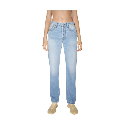 (Women) Acne Studios SS22 High-Waisted Distressed Straight-Leg Jeans Blue Denim. A00344-228
