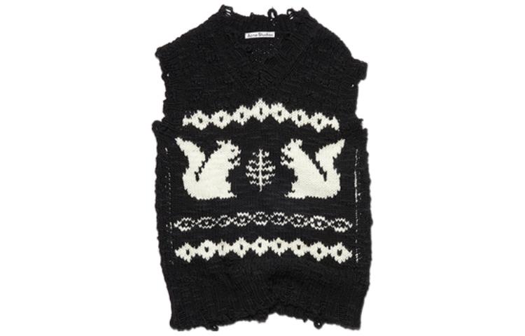 (Women) Acne Studios SS22 Black V-Neck Sleeveless Wool Sweater with Animal Print A60379-J83