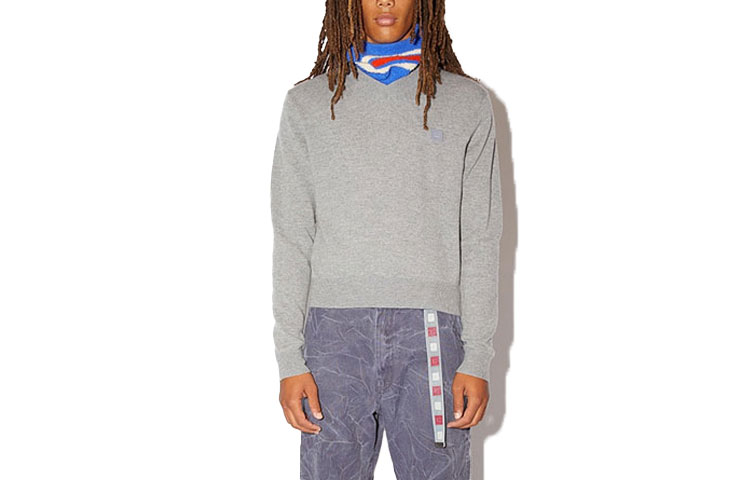 (Women) Acne Studios SS22 Face Logo V-Neck Wool Knit Sweater Women Grey C60048-990