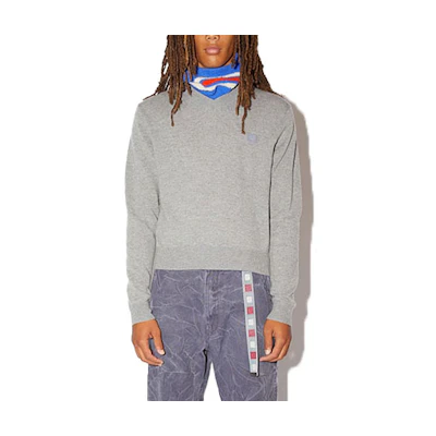 (Women) Acne Studios SS22 Face Logo V-Neck Wool Knit Sweater Women Grey C60048-990