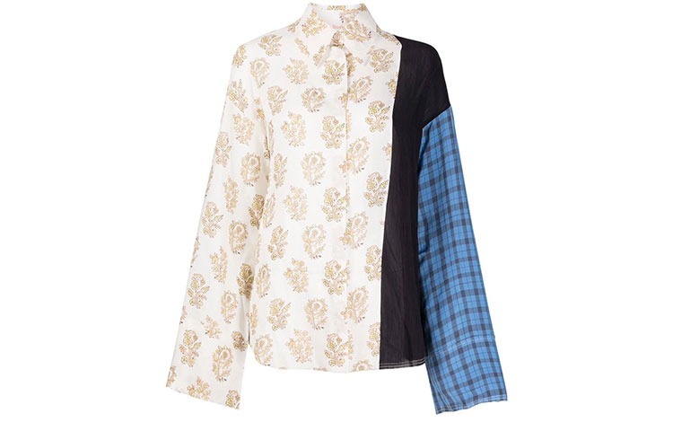 (Women) Acne Studios SS22 Mixed Print Button-Up Long Sleeve Shirt White AC0360-ALD