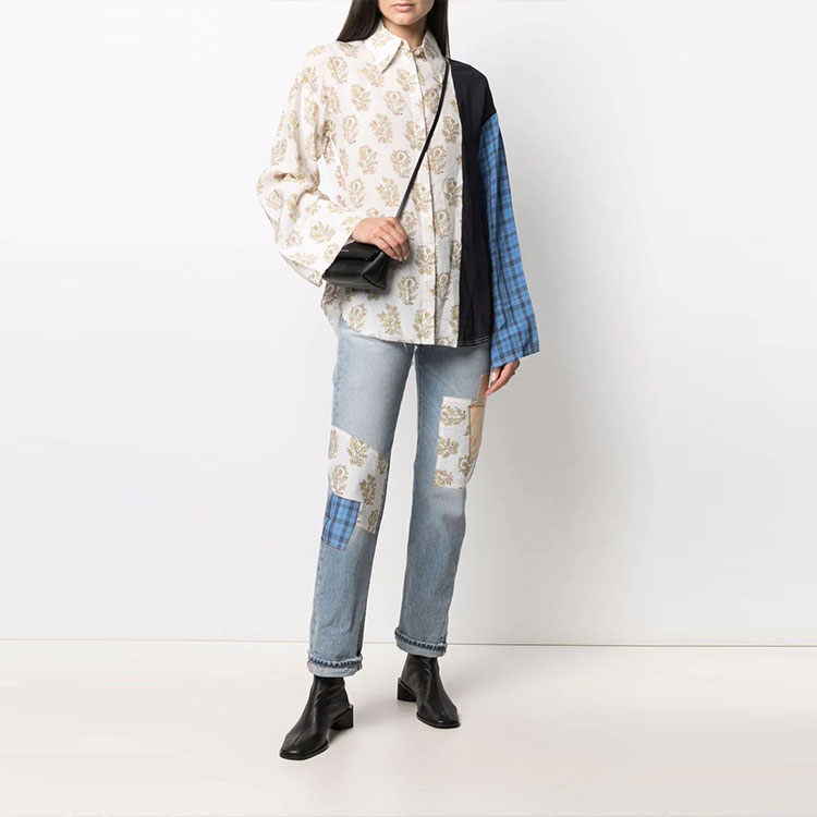 Lookbook (Women) Acne Studios SS22 Mixed Print Button-Up Long Sleeve Shirt White AC0360-ALD
