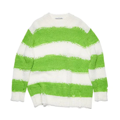 (Women) Acne Studios SS22 Striped Distressed Crewneck Green Sweater . A60243-CY8