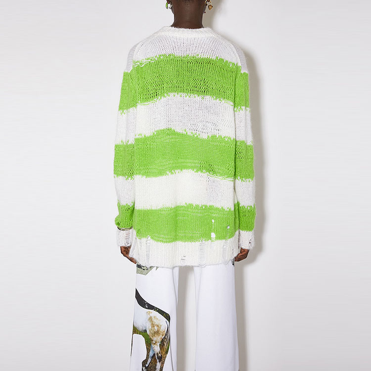 Shop (W) Acne Studios SS22條紋破壞風綠色圓領毛衣. A60243-CY8