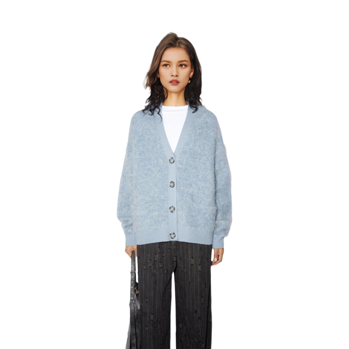 Lookbook (Women) Acne Studios SS23  Light Blue Mohair Wool Blend Cardigan Sweater. A60464-AAL