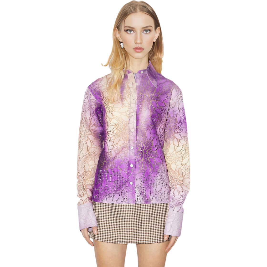 Lookbook (W) Acne Studios SS23 紫色蕾絲印花長袖襯衫. AC0543-ADA