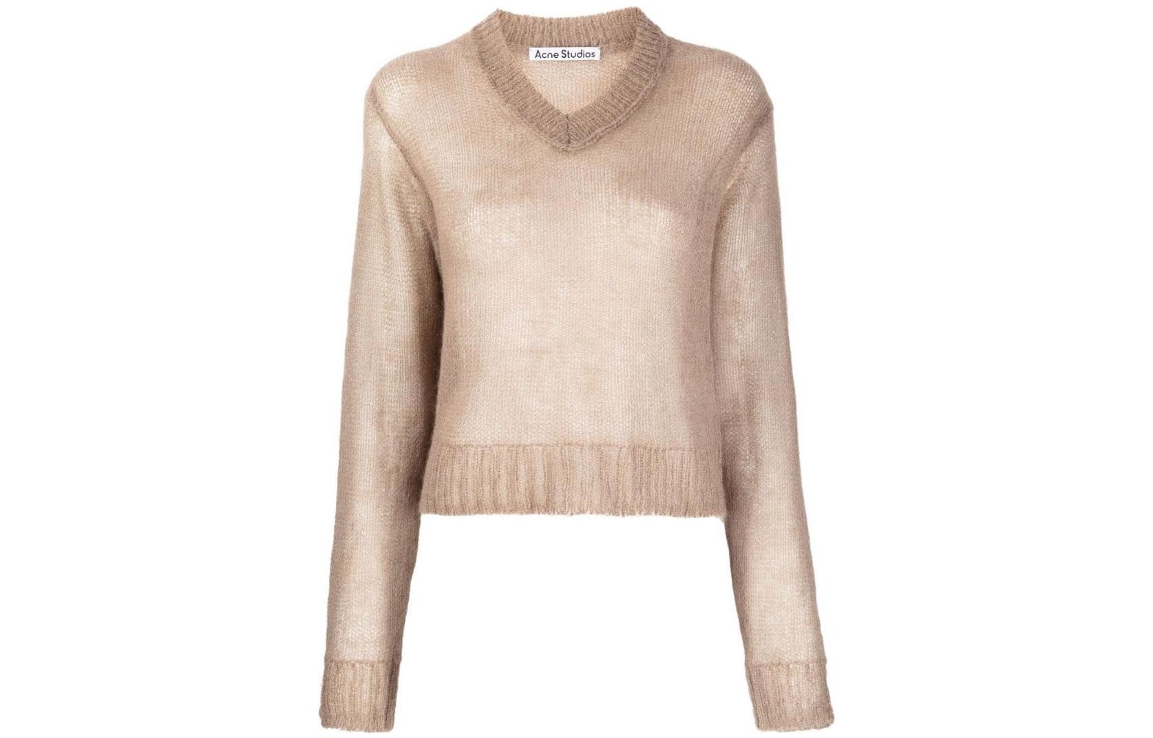 (Women) Acne Studios SS23 Solid V-Neck Ribbed Knit Sweater Taupe A60417-CEG