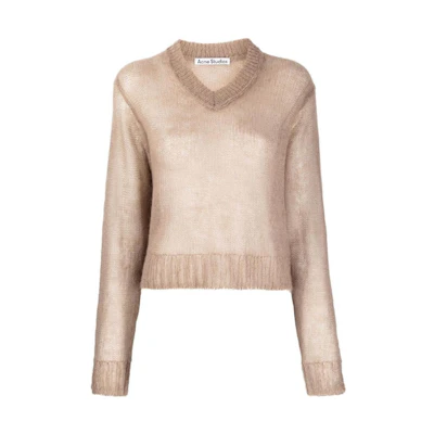 (Women) Acne Studios SS23 Solid V-Neck Ribbed Knit Sweater Taupe A60417-CEG