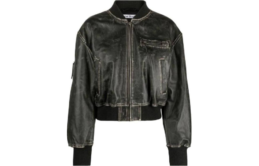 (Women) Acne Studios SS24  Black Short Zip-Up Jacket with Stand Collar. A70171-900