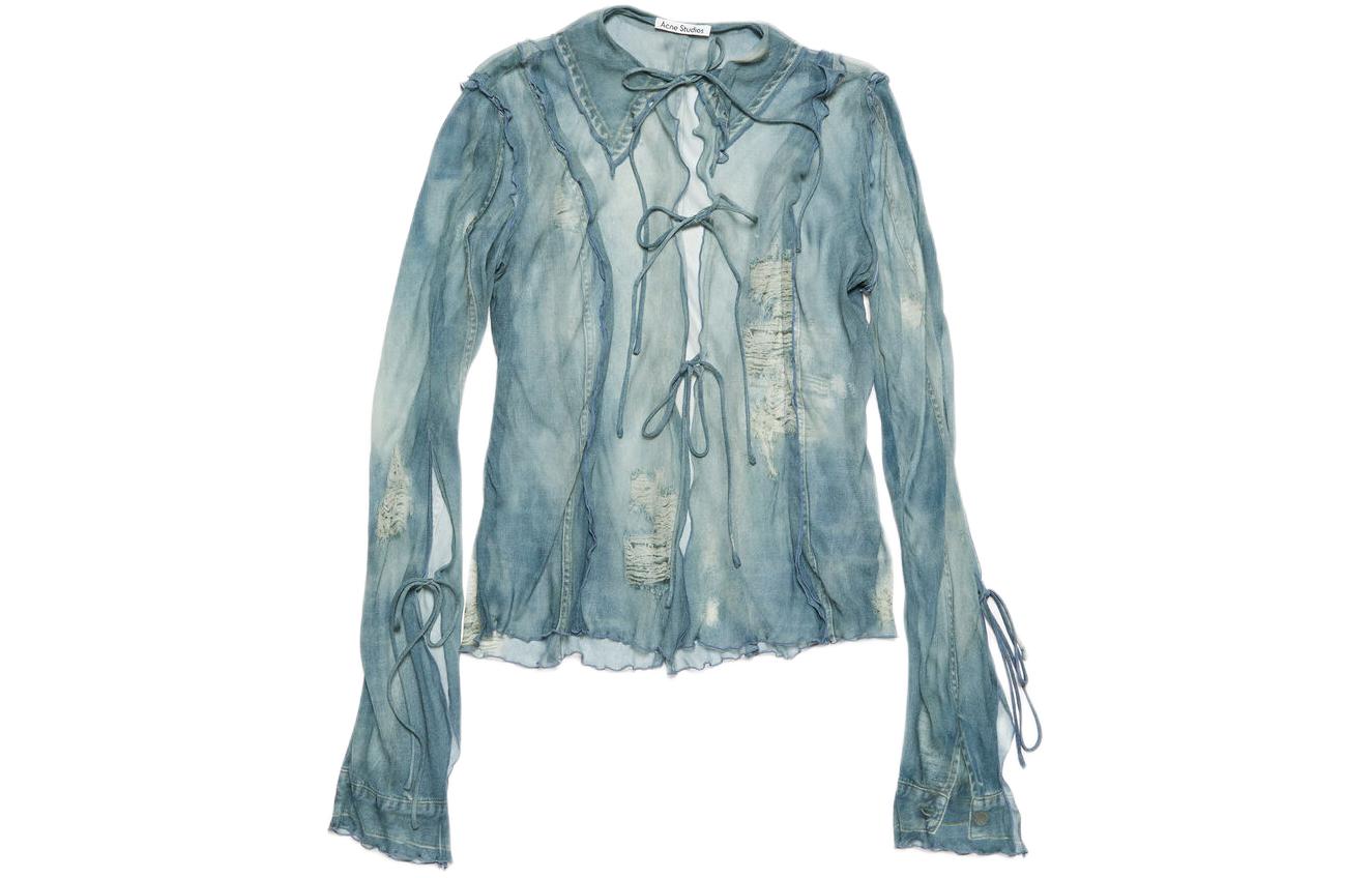 (Women) Acne Studios SS24  Blue Printed Tie-Waist Distressed Long Sleeve Shirt AC0659-AAL