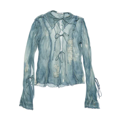 (Women) Acne Studios SS24 Blue Printed Tie-Waist Distressed Long Sleeve Shirt AC0659-AAL