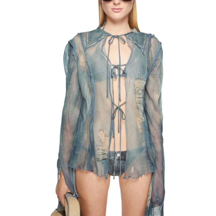 Lookbook (W) Acne Studios SS24 藍色印花綁帶復古長袖襯衫 AC0659-AAL