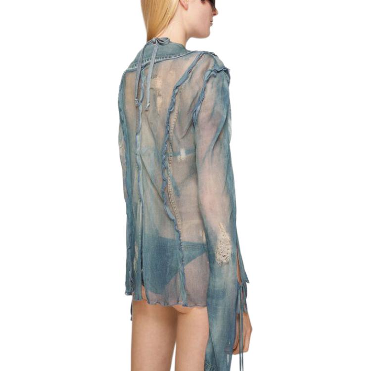 Shop (W) Acne Studios SS24 藍色印花綁帶復古長袖襯衫 AC0659-AAL