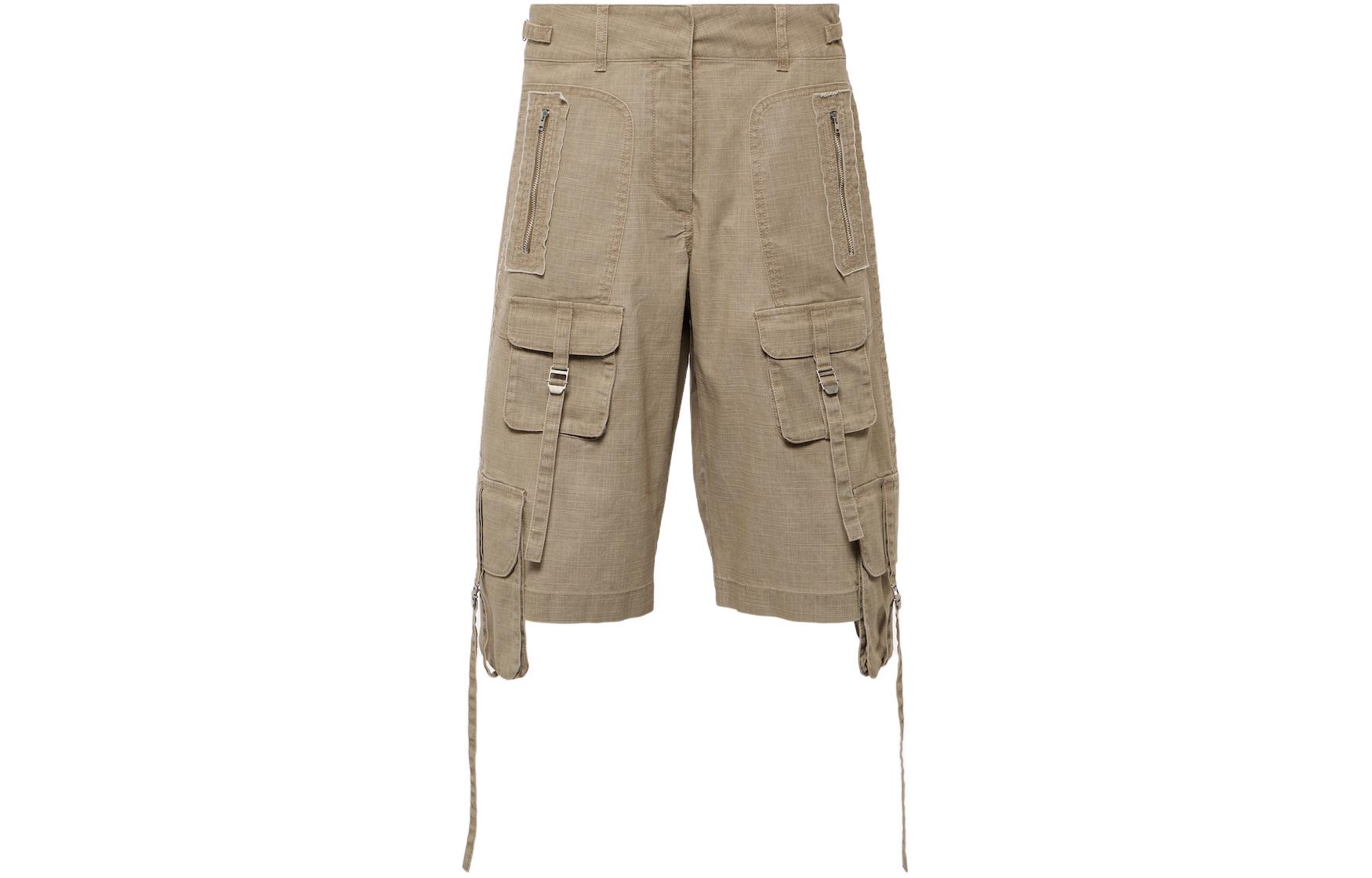 (Women) Acne Studios SS24  Khaki Mid-Rise Loose Cotton Cargo Shorts. FNWNSHOR000108