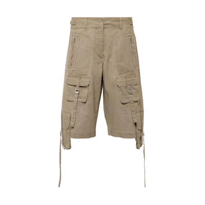 (Women) Acne Studios SS24 Khaki Mid-Rise Loose Cotton Cargo Shorts. FNWNSHOR000108