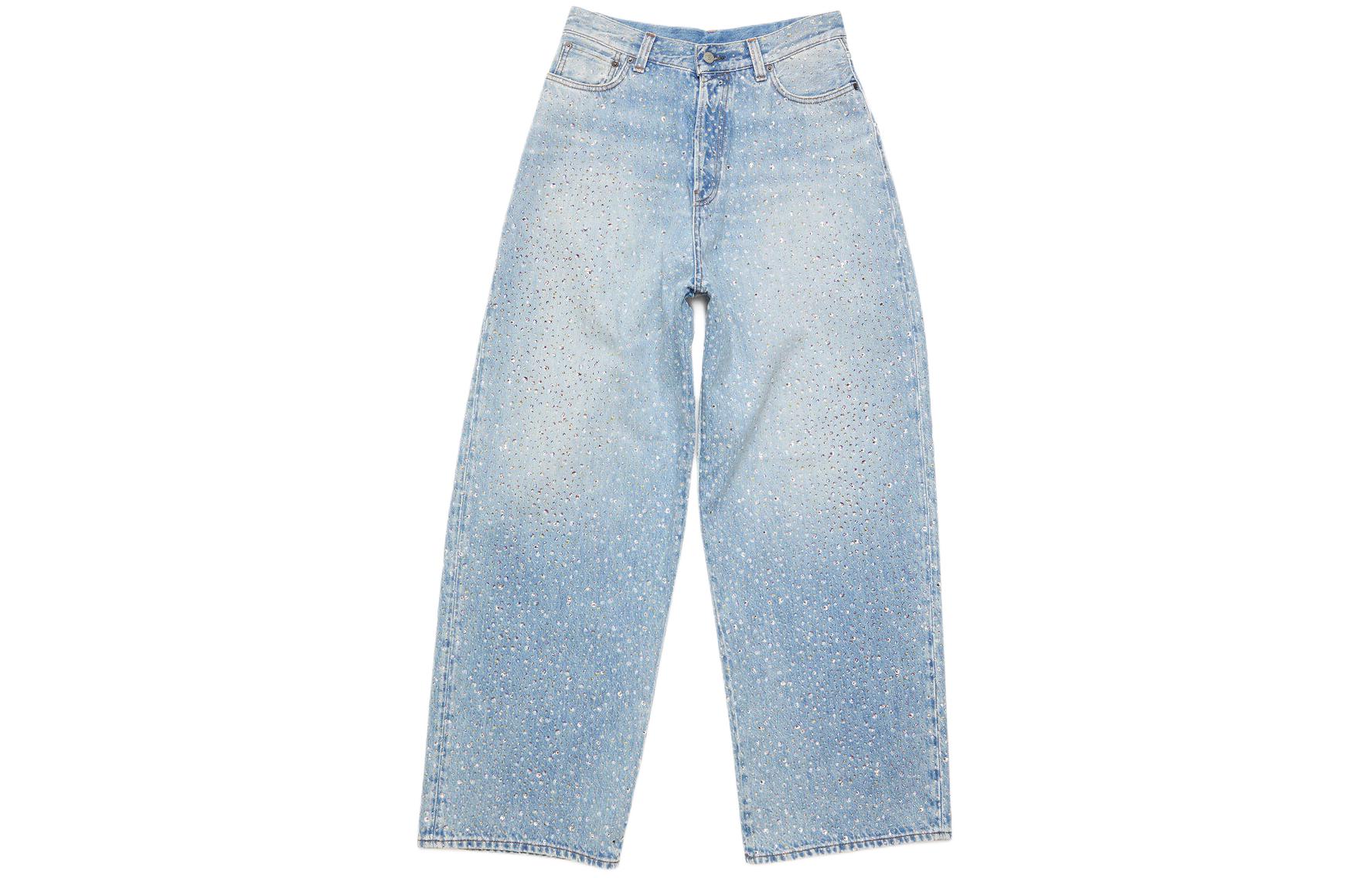 (Women) Acne Studios SS24  Light Blue Rhinestone Wide-Leg Denim Jeans. A00503-228