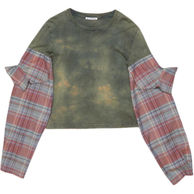 (Women) Acne Studios SS24  Patchwork Plaid Long Sleeve Tee Blue Green BL0401-ALD