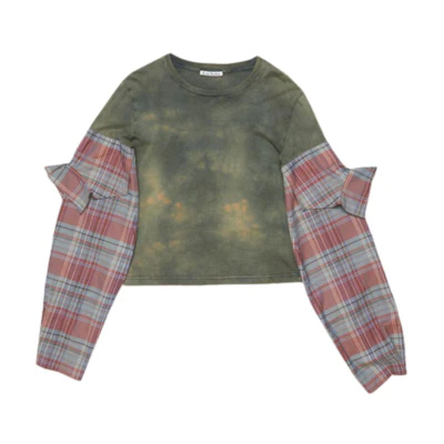 (Women) Acne Studios SS24 Patchwork Plaid Long Sleeve Tee Blue Green BL0401-ALD