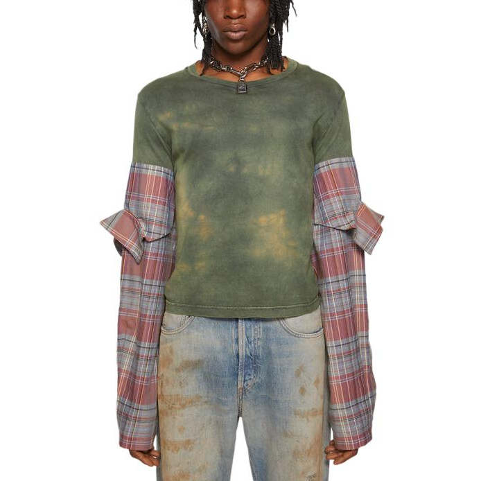 Lookbook (W) 아크네 스튜디오 SS24 패치워크 플래드 롱슬리브 티 블루 그린 BL0401-ALD