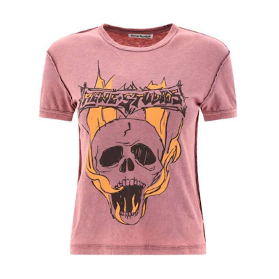 (Women) Acne Studios SS24 Pink Skull Logo Graphic Short-Sleeve T-Shirt AL0401-CTL