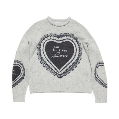 (Women) Acne Studios SS24 Retro Heart Jacquard Wool Knit Sweater Light Grey. A60499-AAB