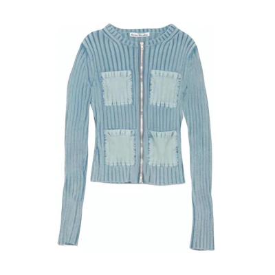 (Women) Acne Studios SS24 Retro Striped Knit Cardigan Misty Blue. A60512-AAT
