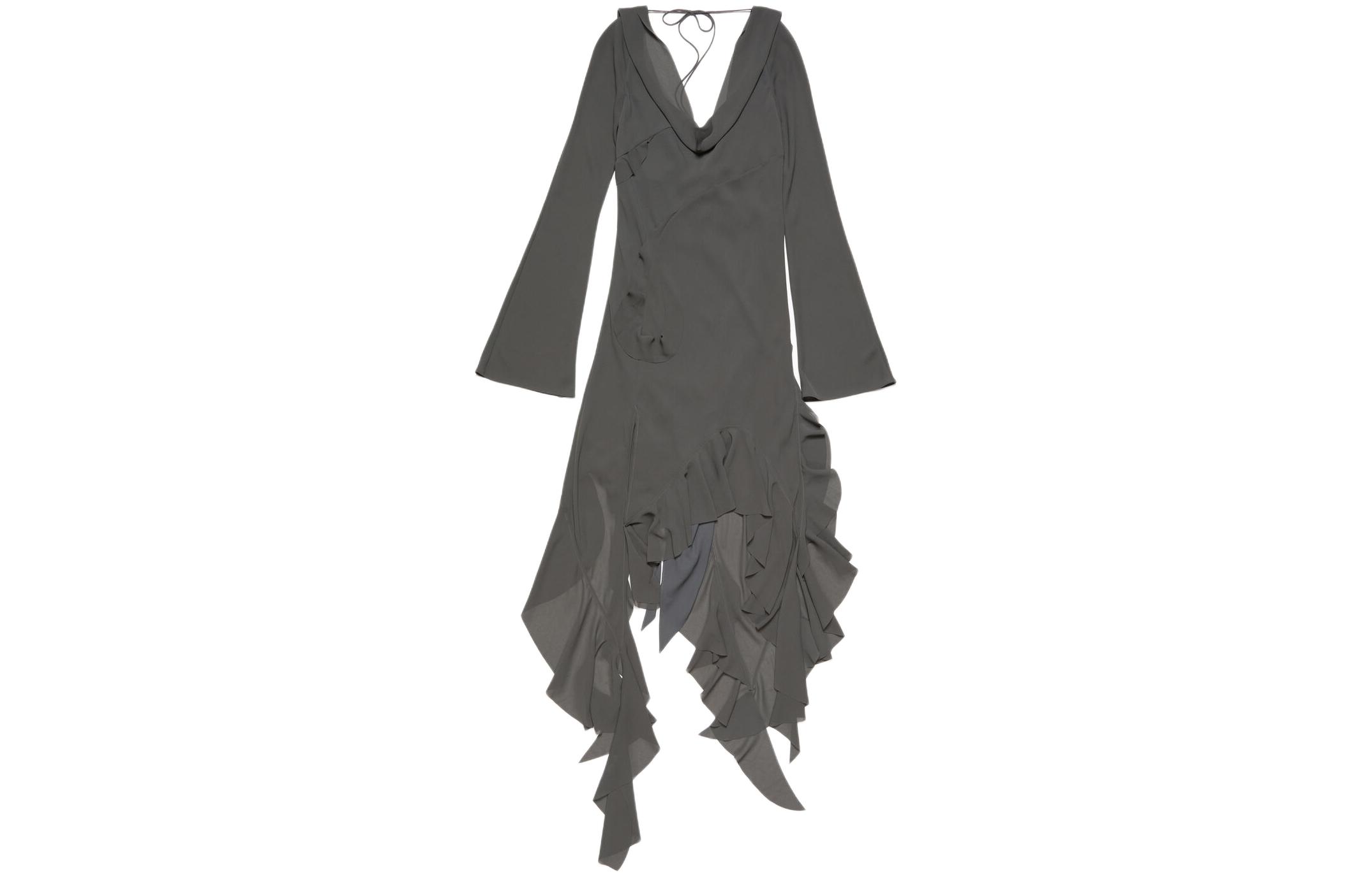 (Women) Acne Studios SS24 Asymmetric Draped Neckline Ruffle Long Sleeve Dress Women Grey. A20644-AA2