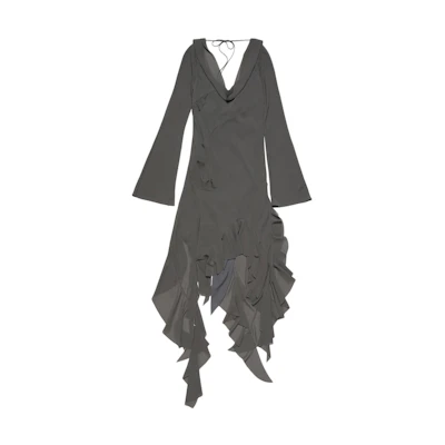 (Women) Acne Studios SS24 Asymmetric Draped Neckline Ruffle Long Sleeve Dress Women Grey. A20644-AA2
