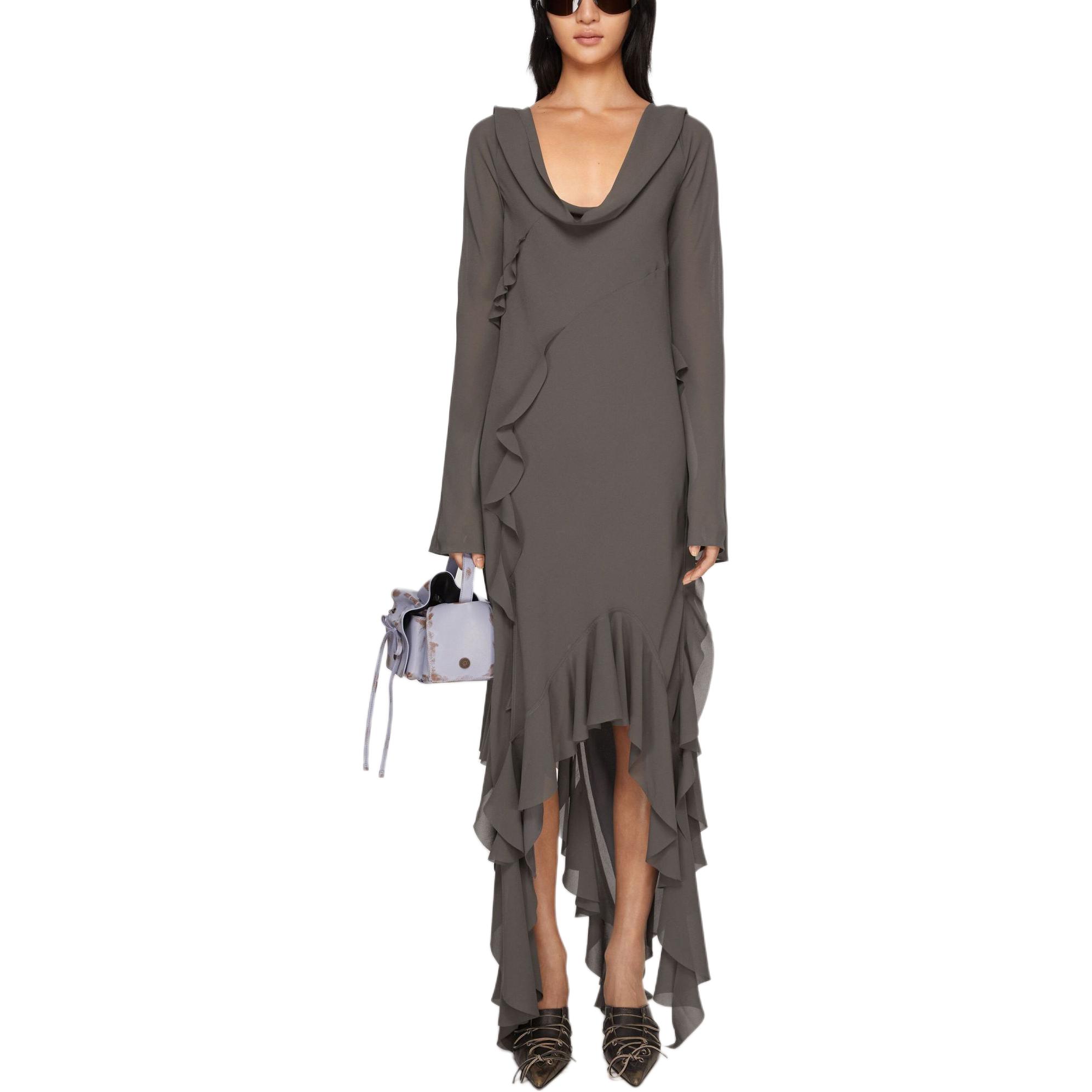 Lookbook (W) アクネ ストゥディオズ SS24 非対称ドレープネック ラッフル長袖ドレス ウィメンズ グレー A20644-AA2