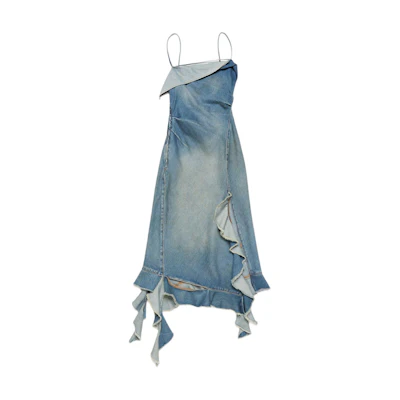 (Women) Acne Studios SS24 Blue Washed Ruffled Loose Fit High Street Slip Dress Women. A20641-863