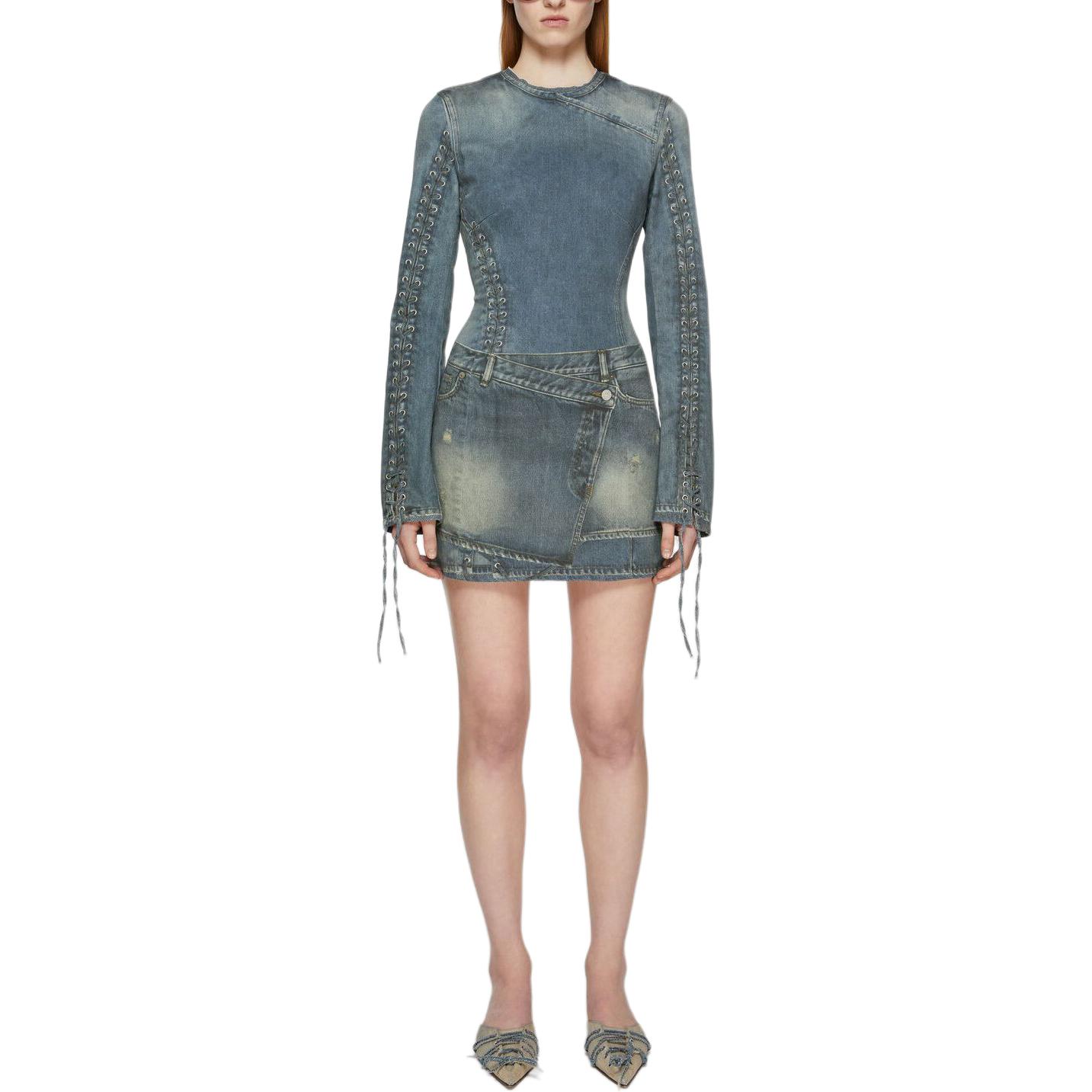 Lookbook (W) アクネ ストゥディオズ SS24 ウォッシュ加工 イリュージョンプリント フレイド 長袖ドレス ブルー レディース A20648-863